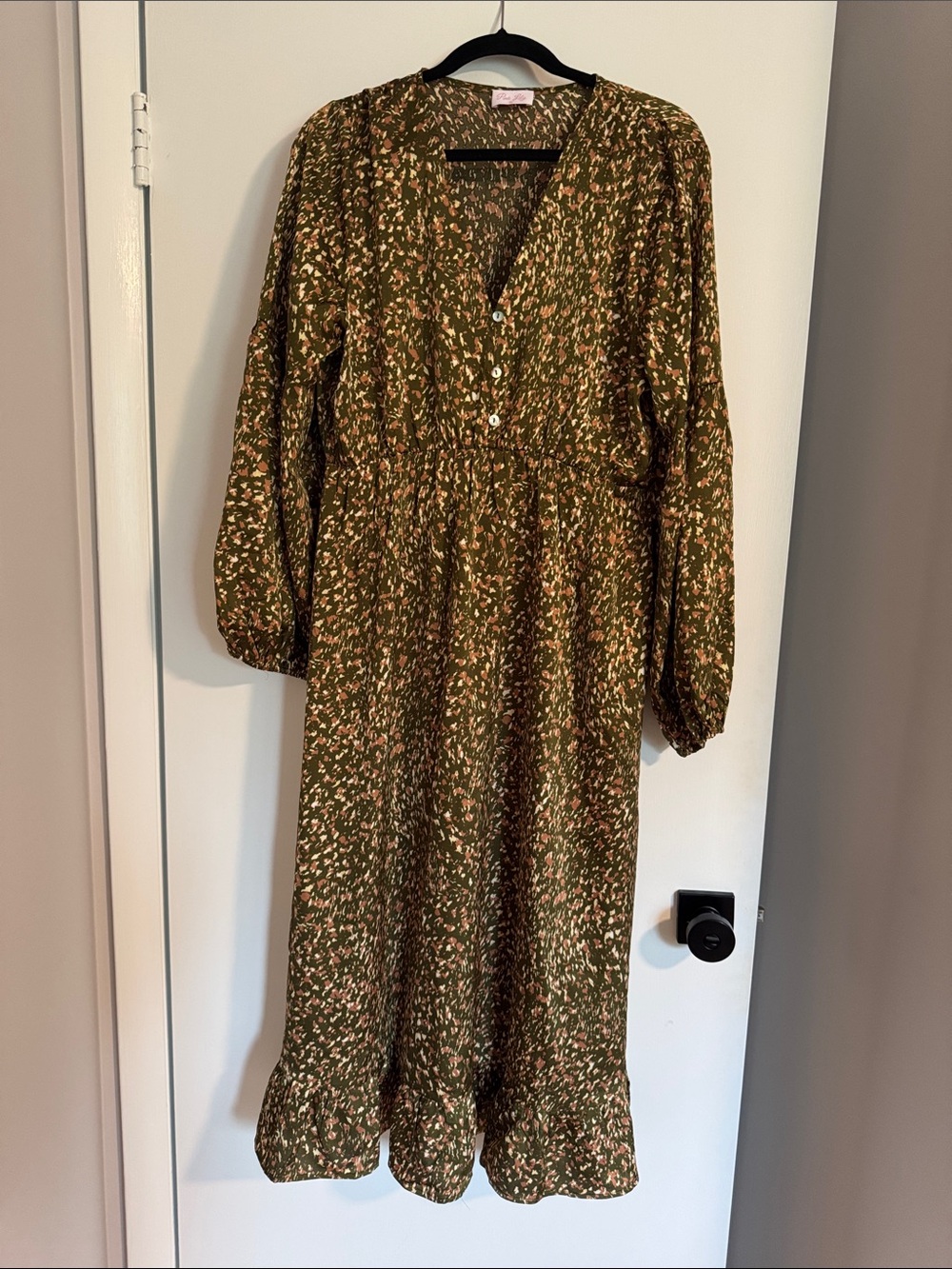 NWOT Pink Lily Olive Green Midi Dress with Cream and Brown Print